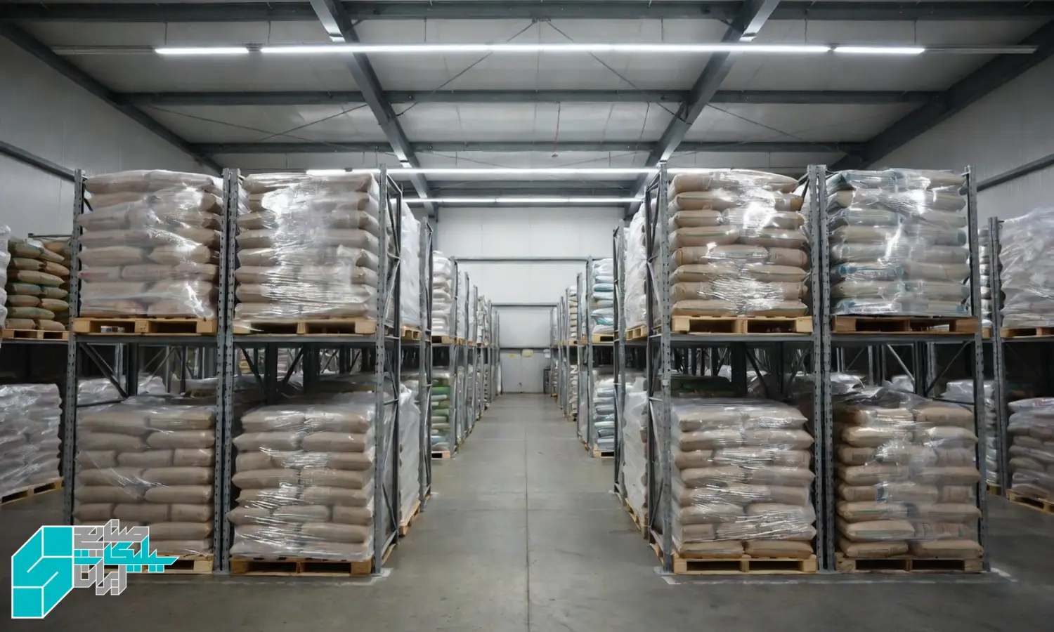 انبار صنعتی استاندارد با ردیف هایی از پالت های حاوی کیسه های سیلیکات، همه پالت ها با روکش پلاستیکی شفاف پوشانده شده و مسیرهای تردد مشخص و تمیز است