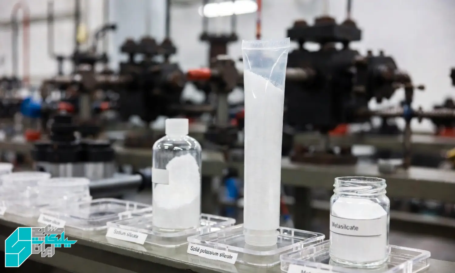 تصویر چند نمونه سیلیکات جامد در ظروف شفاف آزمایشگاهی، شامل سیلیکات سدیم جامد، سیلیکات پتاسیم جامد و متاسیلیکات پودری، روی میز یک آزمایشگاه صنعتی با پس زمینه محو از تجهیزات