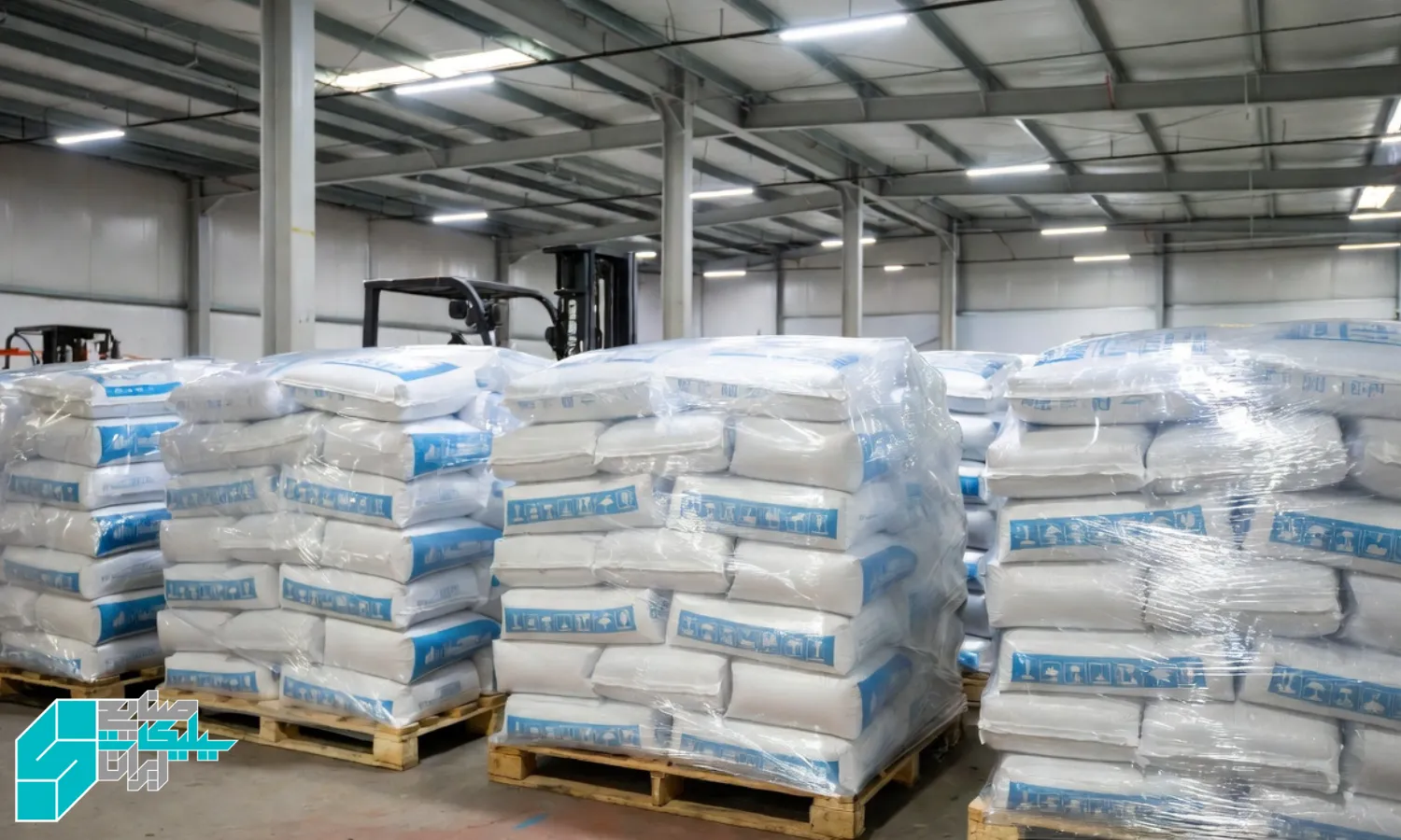 نمای نزدیک از کیسه های چندلایه حاوی سیلیکات سدیم جامد روی پالت های چوبی، شرینک شده و آماده بارگیری در یک انبار صنعتی تمیز و منظم