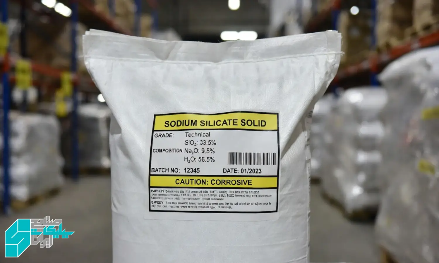 صویر لیبل فنی روی کیسه سیلیکات سدیم جامد با اطلاعات کامل گرید، نسبت سیلیس به سود، بچ نامبر و هشدارهای ایمنی، در یک انبار صنعتی استاندارد