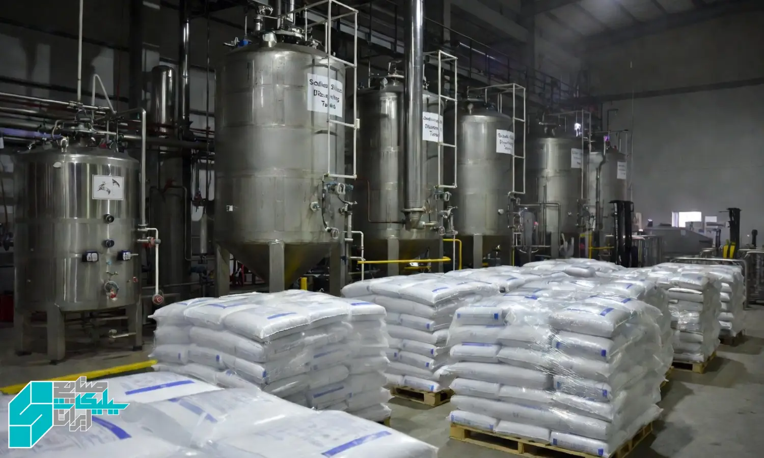 تصویر سالن تولید یک کارخانه شوینده بزرگ که مخازن حل سازی سیلیکات سدیم در آن مشخص است و کیسه های سیلیکات سدیم جامد روی پالت های منظم در کنار خط قرار گرفته اند
