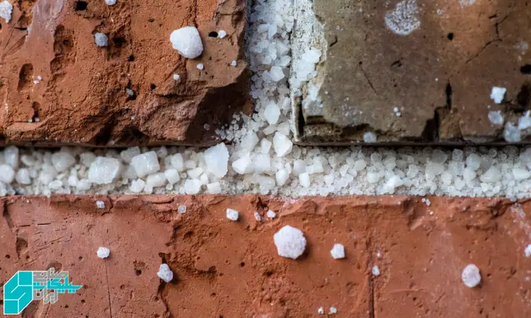 نمای نزدیک کریستال‌های شوره روی سطح آجر